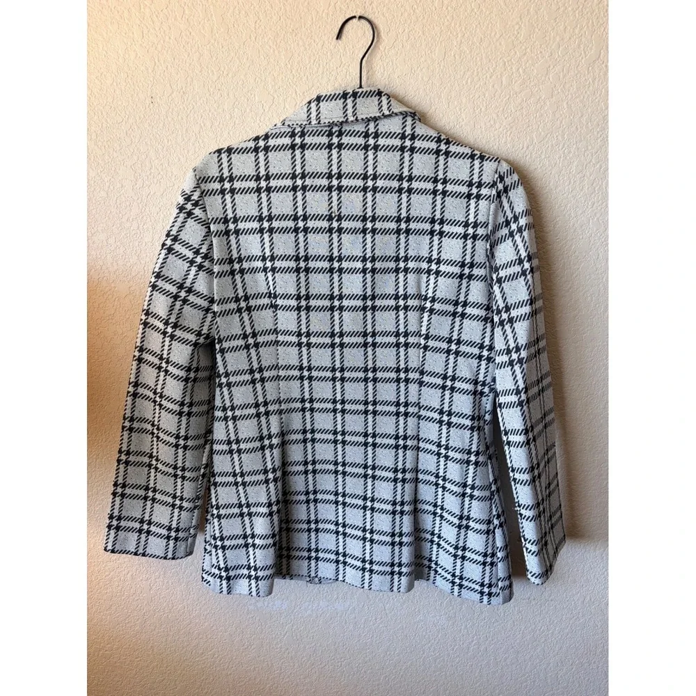 Vintage Black White Plaid Knit Blazer  Jacket Wide Lapel Patch Pockets Womens - Picture 7 of 8